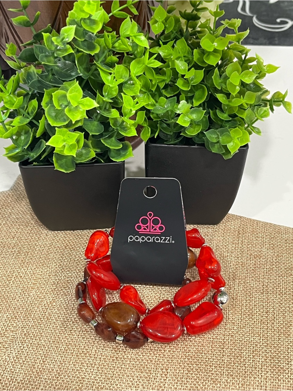 Paparazzi Red and Brown Chunky Beaded Stretch Bracelet
